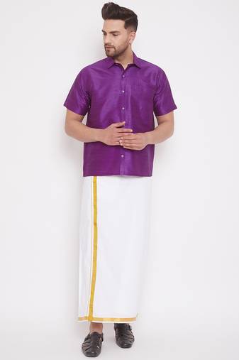  men's purple and white silk blend shirt and mundu