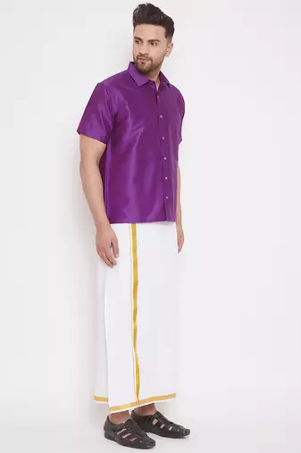  purple and white silk blend shirt and mundu