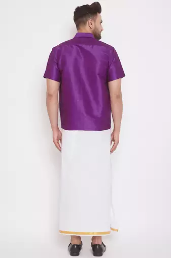  purple and white silk blend shirt and mundu