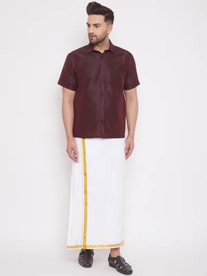  wine and white silk blend shirt and mundu 1