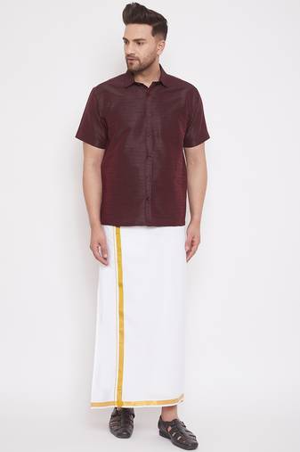  men's wine and white silk blend shirt and mundu