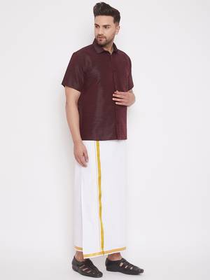  wine and white silk blend shirt and mundu 2