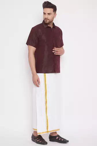  wine and white silk blend shirt and mundu