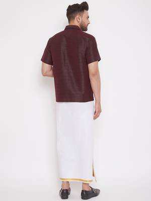  wine and white silk blend shirt and mundu 3