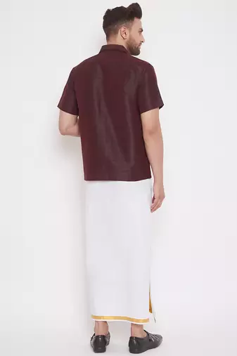  wine and white silk blend shirt and mundu