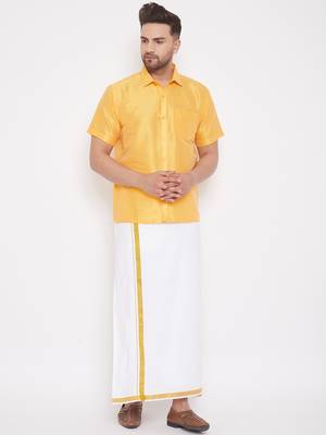  yellow and white silk blend shirt and mundu 1