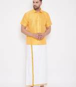  yellow and white silk blend shirt and mundu