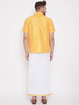  yellow and white silk blend shirt and mundu 3