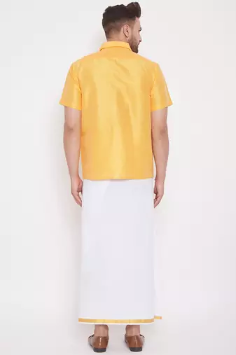  yellow and white silk blend shirt and mundu