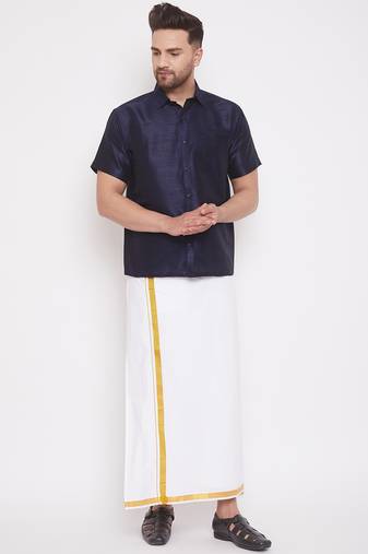  men's navy blue and white silk blend shirt and mundu