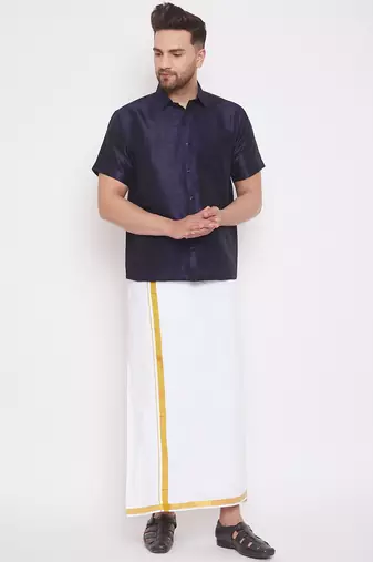  men's navy blue and white silk blend shirt and mundu