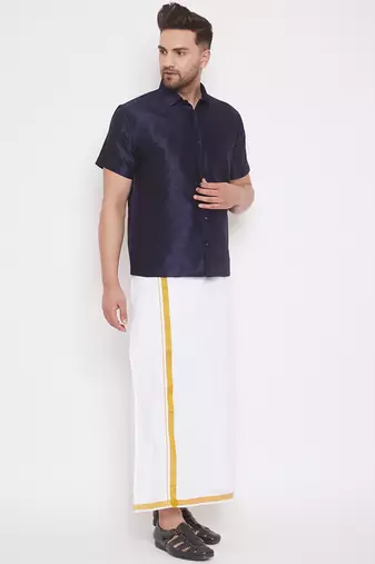  navy blue and white silk blend shirt and mundu