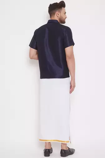  navy blue and white silk blend shirt and mundu