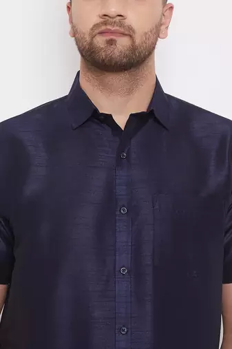  navy blue and white silk blend shirt and mundu
