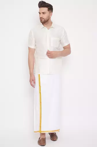  men's cream and white silk blend shirt and mundu