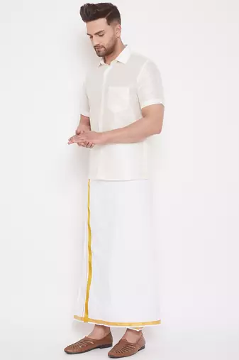  cream and white silk blend shirt and mundu