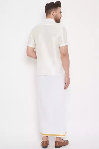  cream and white silk blend shirt and mundu