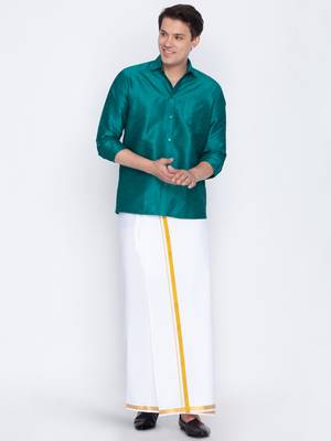  green and white silk blend shirt and mundu 1