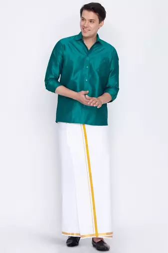  men's green and white silk blend shirt and mundu