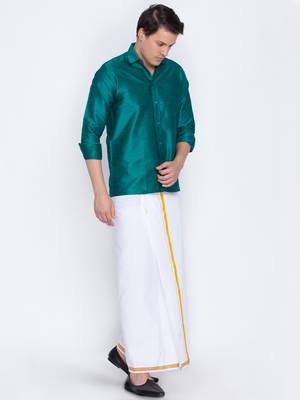  green and white silk blend shirt and mundu 2