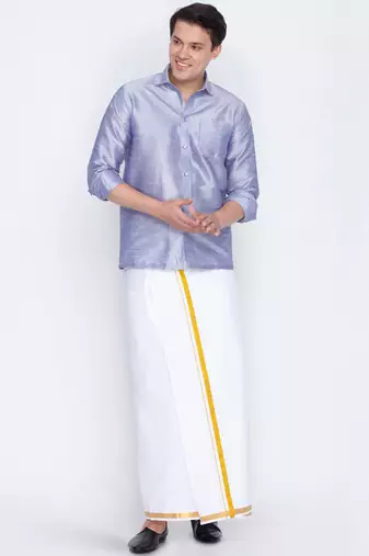  men's lavander and white silk blend shirt and mundu