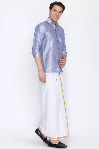  lavander and white silk blend shirt and mundu