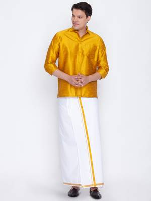  mustard and white silk blend shirt and mundu 1