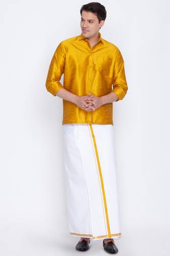  men's mustard and white silk blend shirt and mundu