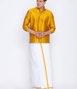  mustard and white silk blend shirt and mundu