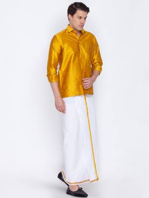  mustard and white silk blend shirt and mundu 2