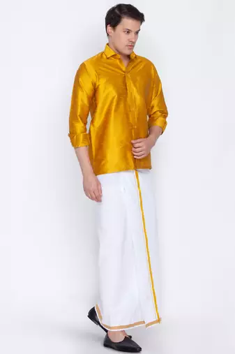  mustard and white silk blend shirt and mundu