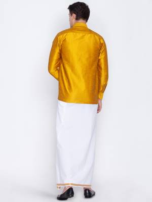  mustard and white silk blend shirt and mundu 3