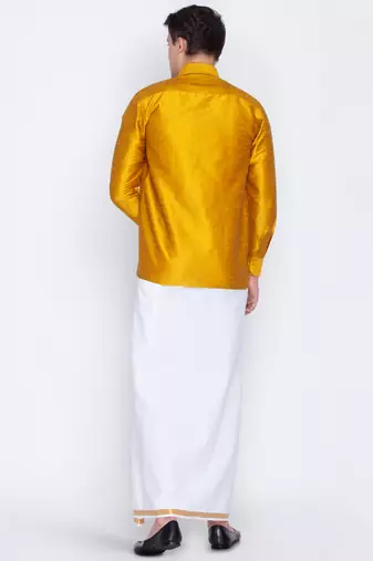  mustard and white silk blend shirt and mundu