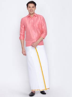  pink and white silk blend shirt and mundu 1