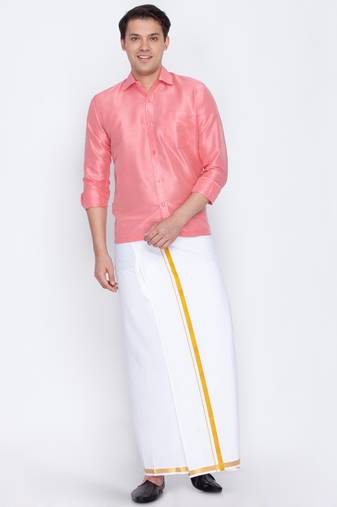  men's pink and white silk blend shirt and mundu