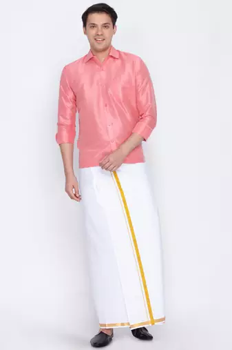  men's pink and white silk blend shirt and mundu