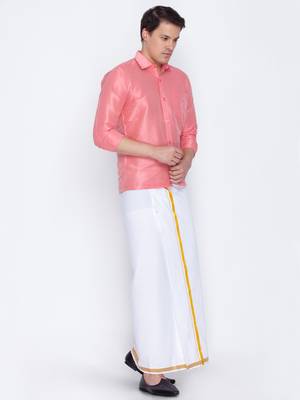  pink and white silk blend shirt and mundu 2