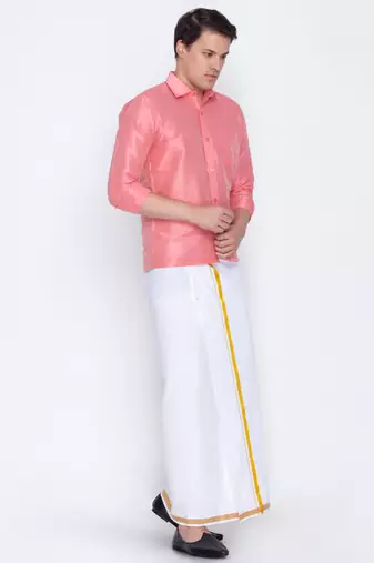  pink and white silk blend shirt and mundu