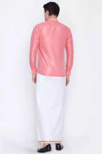  pink and white silk blend shirt and mundu