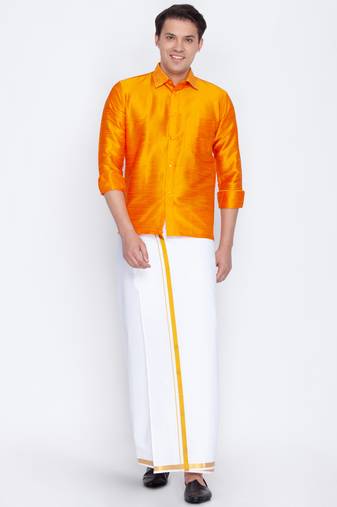  men's orange and white silk blend shirt and mundu
