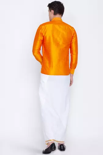  orange and white silk blend shirt and mundu