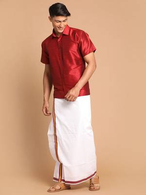 Men'S Maroon And White Silk Blend Shirt And Mundu 1
