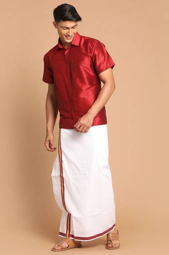 Men'S Maroon And White Silk Blend Shirt And Mundu
