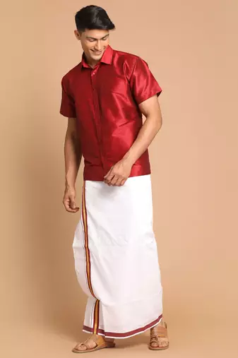 Men'S Maroon And White Silk Blend Shirt And Mundu