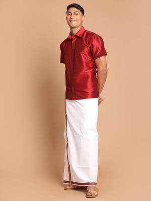 Men'S Maroon And White Silk Blend Shirt And Mundu 2