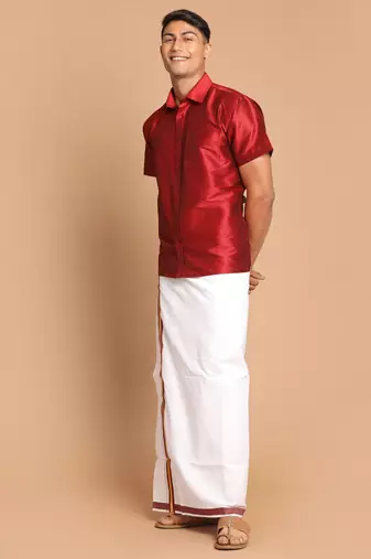 Men'S Maroon And White Silk Blend Shirt And Mundu