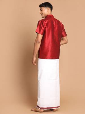 Men'S Maroon And White Silk Blend Shirt And Mundu 3