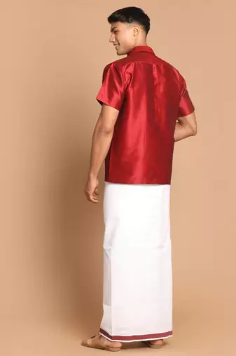 Men'S Maroon And White Silk Blend Shirt And Mundu