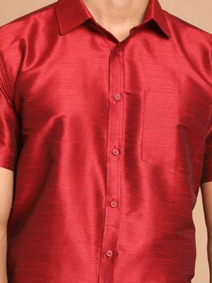 Men'S Maroon And White Silk Blend Shirt And Mundu 4