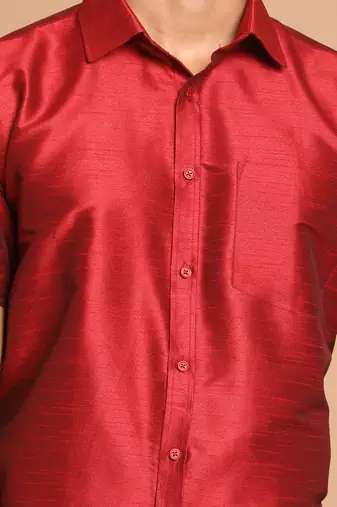 Men'S Maroon And White Silk Blend Shirt And Mundu